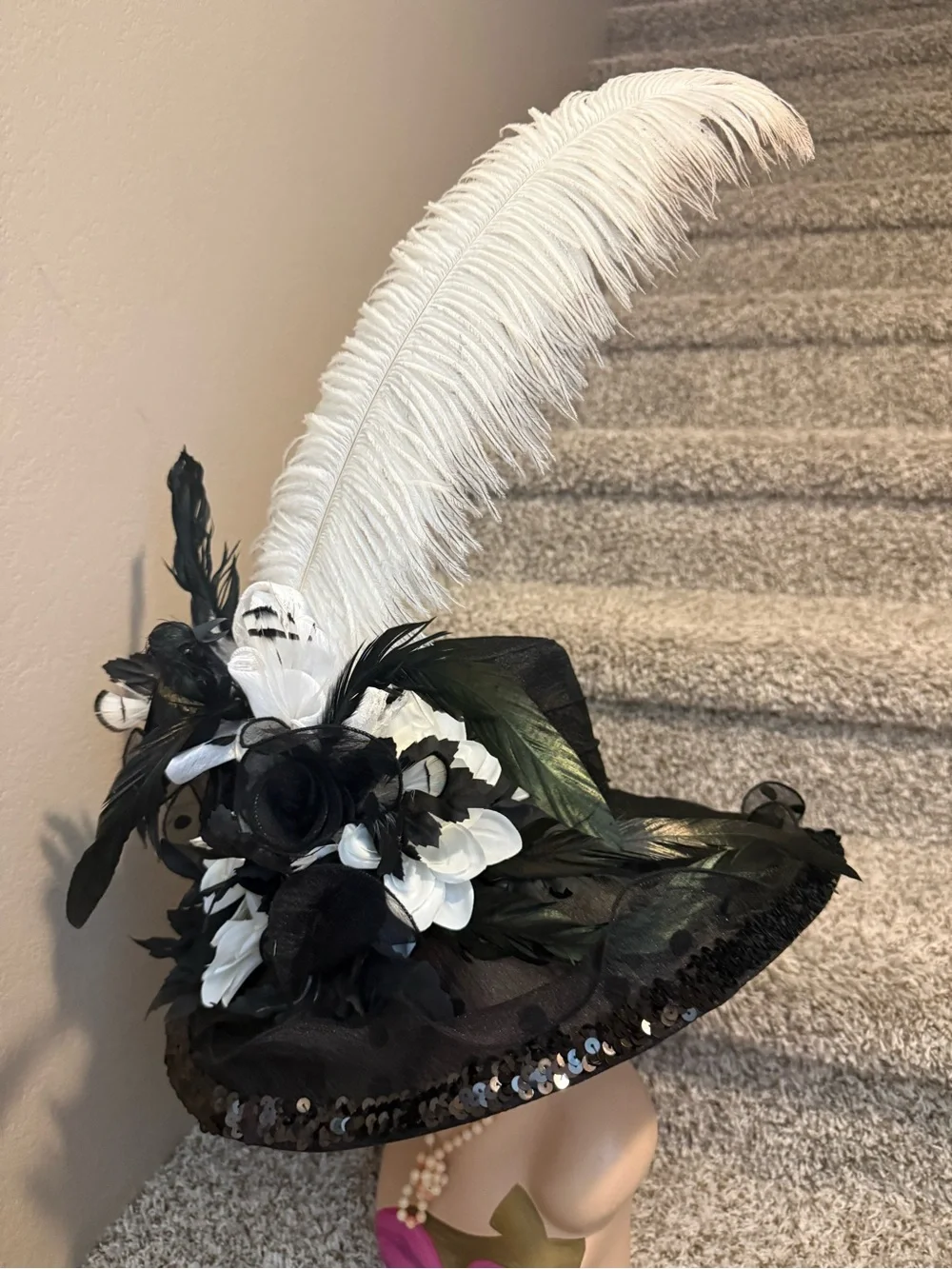Elegant Black and White Feathered Floral hat blazing